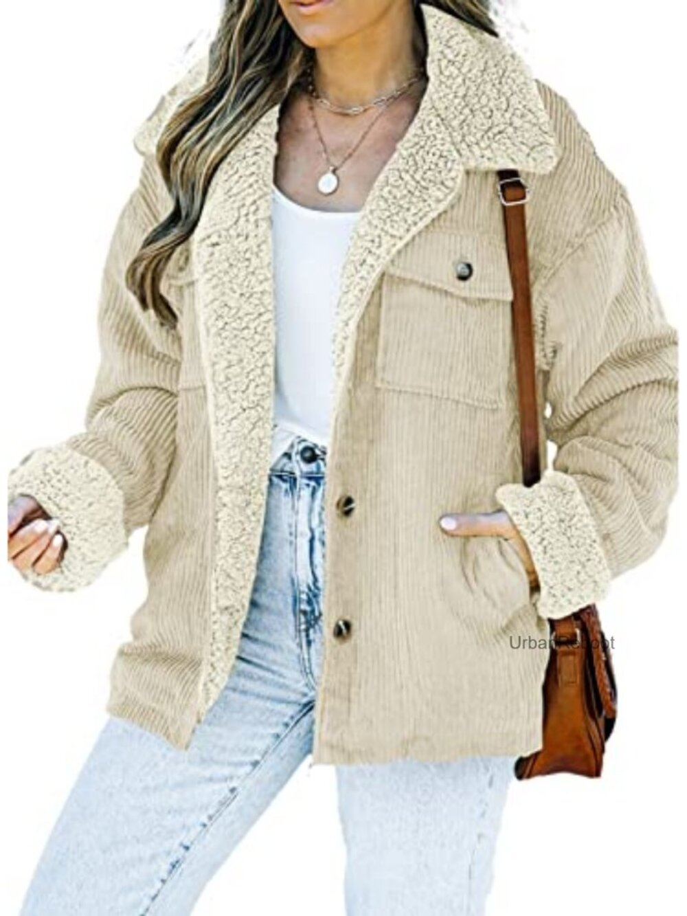 Corduroy Sherpa Lined Button Front Boyfriend Jacket Loose Fit Warm Winter Coat